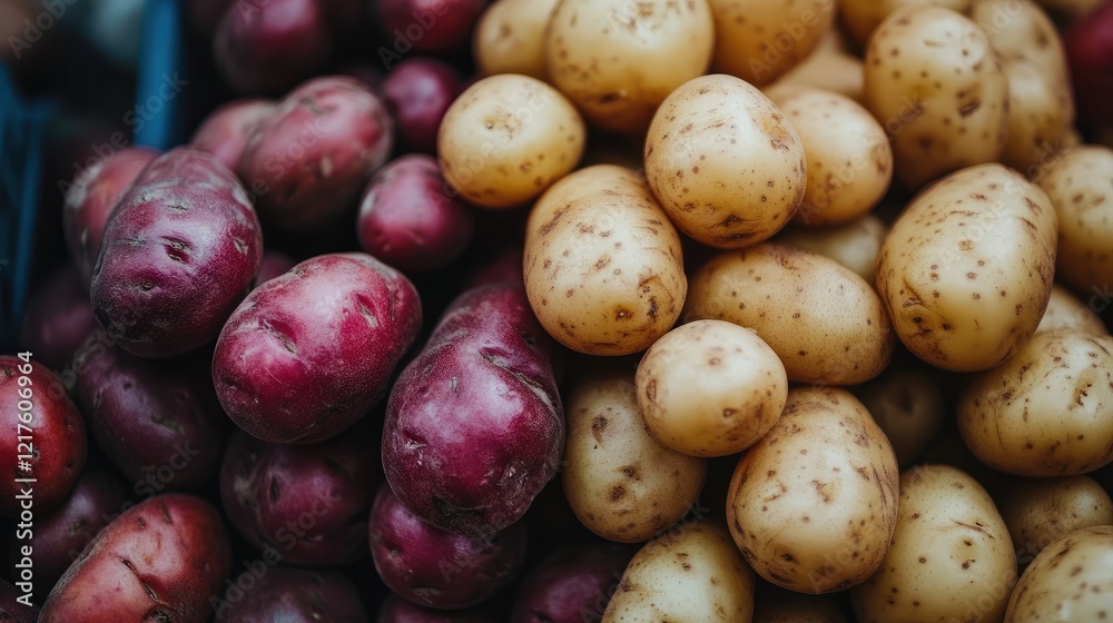 Variety of fresh potatoes including red and yellow types arranged in a market display with natural lighting Copy Space Variety of fresh potatoes including red and yellow types arranged in a market display with natural lighting Copy Space