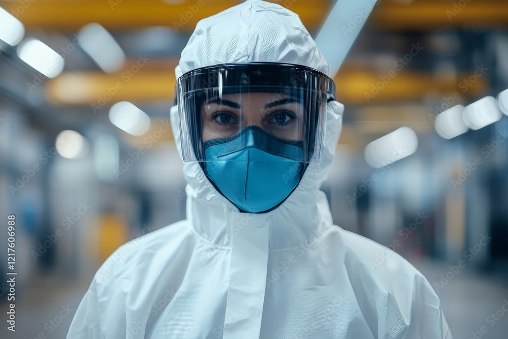 Medical professional in protective gear prepares for safe procedure in a sterilized facility Medical professional in protective gear prepares for safe procedure in a sterilized facility
