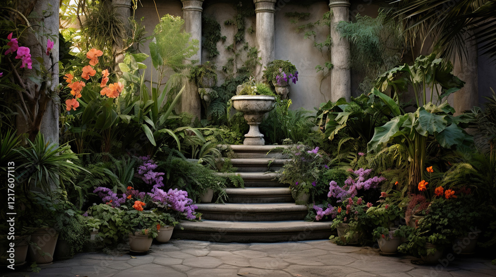 Naklejka premium Enchanted Garden Stairway with Lush Plants