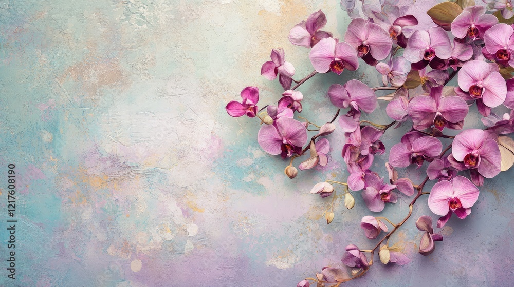Delicate pink orchids on textured pastel background with copy space for text or branding. Delicate pink orchids on textured pastel background with copy space for text or branding.