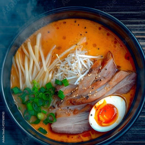 Steaming Bowl of Ramen: A tempting bowl of ramen, filled with succulent pork, springy noodles, a soft-boiled egg, and garnished with scallions and black sesame seeds. Steam curls up from the rich.
