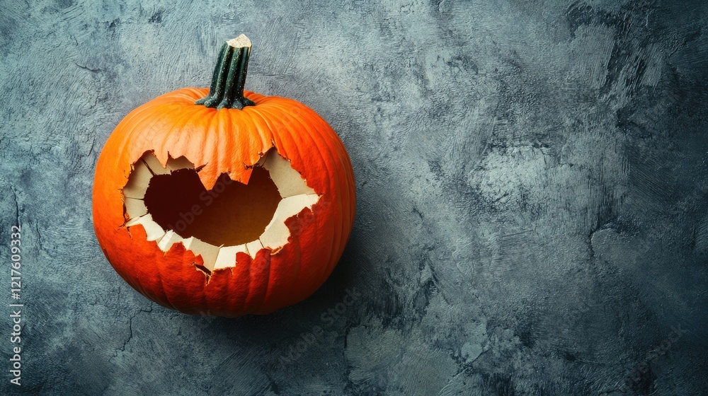 Naklejka premium Cutting Edge Pumpkin with Bite Mark and Copy Space on Textured Dark Background