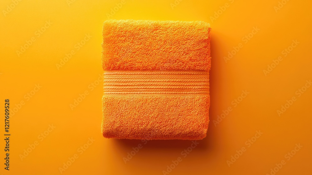 Obraz premium Orange bath towel on a bright yellow background with copy space for text placement. Soft and fluffy texture visible.