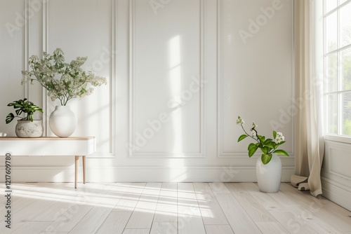 Wallpaper Mural A white room with a large window and a white bench. There are two potted plants, one on the left and one on the right. AI generated. Torontodigital.ca