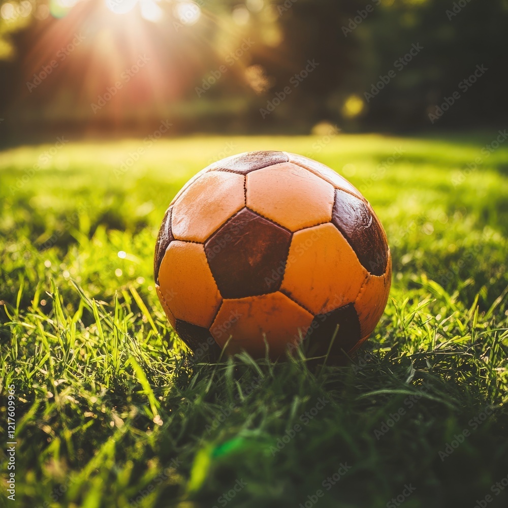 Fototapeta premium Soccer ball on green grass illuminated by sunlight with bokeh effect background and copy space for text