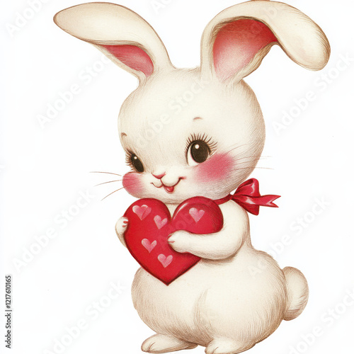 Vintage retro white bunny illustration for a kitsch Valentine’s Day card, isolated clipart on a white background
