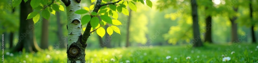 Young birch tree, vibrant green leaves, sunlit forest floor, leaves, botanical, spring Young birch tree, vibrant green leaves, sunlit forest floor, leaves, botanical, spring