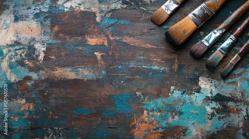 Artistic vintage palette with paintbrushes on textured wooden surface displaying vibrant colors and brush strokes Copy Space photo