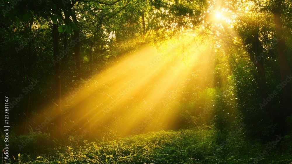 Obraz premium Sunlight streaming through lush green forest trees creating rays of light and shadows on the ground Copy Space