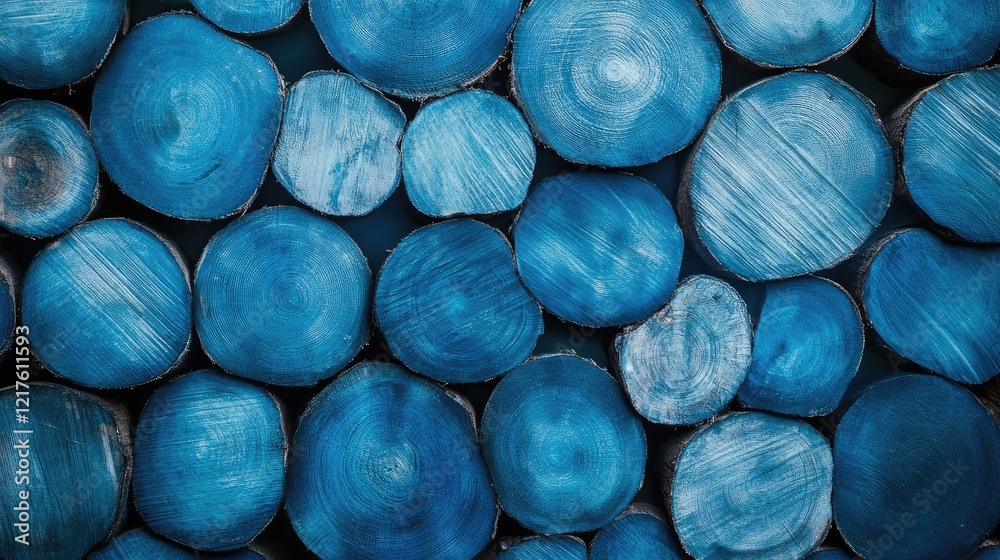 Blue dyed tree stump cross sections stacked together with visible grain patterns and textures Copy Space Blue dyed tree stump cross sections stacked together with visible grain patterns and textures Copy Space