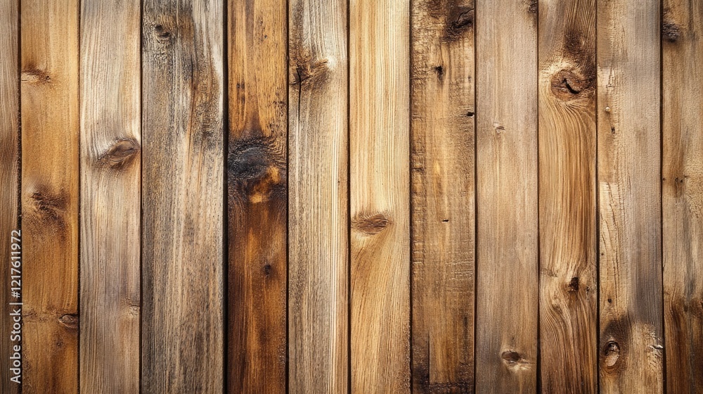 Naklejka premium Close-up of textured wooden planks with natural knots and grain patterns in various shades of brown, suitable for backgrounds and Copy Space.
