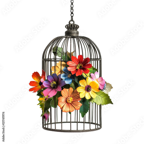 A vibrant display of colorful flowers and lush green leaves arranged beautifully in a hanging decorative cage, colorful flower and green paln leaves in cage hanging decoration photo