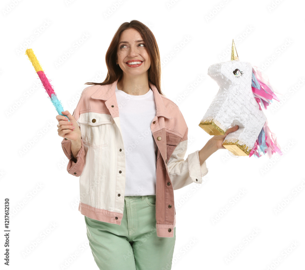 Happy woman with unicorn shaped pinata and stick isolated on white Happy woman with unicorn shaped pinata and stick isolated on white