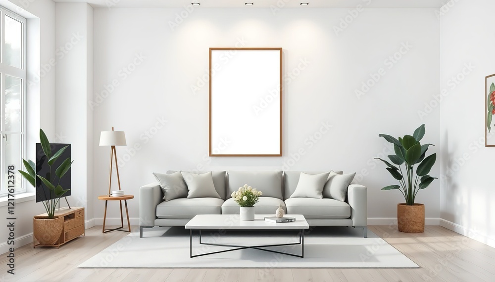 Frame mockup, ISO A paper size. Living room poster mockup. Interior mockup with house white background. 8k Modern interior design. 3D render Frame mockup, ISO A paper size. Living room poster mockup. Interior mockup with house white background. 8k Modern interior design. 3D render