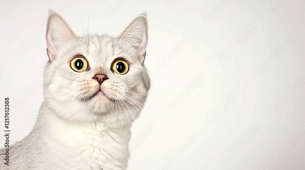 Fototapeta premium Curious light gray cat with large yellow eyes on white background