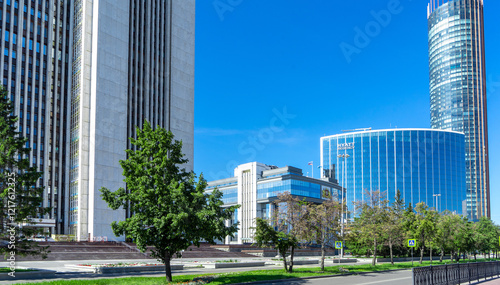 Government Building, Legislative Assembly of Sverdlovsk Oblast, Yekaterinburg, Russia. Regional parliament, federal subject of Russia. Hotel Hyatt Regency and Iset Tower