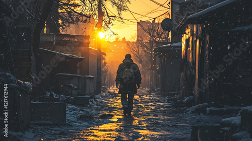 Silhouette of a man walking down a snowy alley at sunset, with warm sunlight reflecting off icy paths in an urban winter setting photo