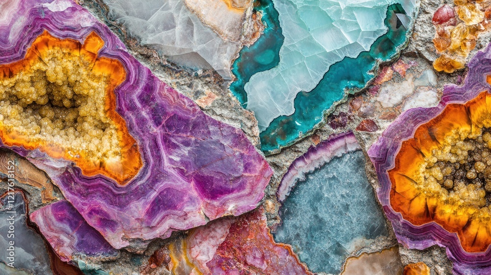 Obraz premium Colorful agate stone background texture with layered patterns and natural formations featuring purple, orange, green, and blue hues Copy Space