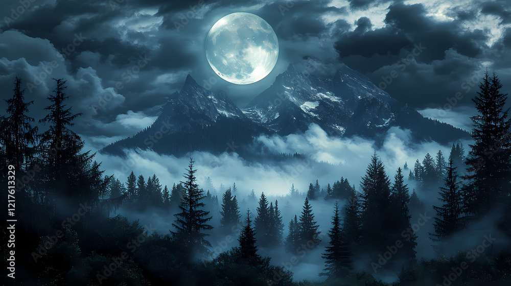 Naklejka premium Mysterious and enchanting moonlit mountain forest landscape with dramatic cloudy sky serene atmospheric and ethereal nature scene with silhouetted trees and misty backdrop. Moonlit Ridge. Illustration
