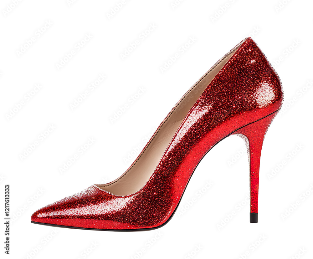 Obraz premium Sparkling red high-heeled stiletto shoe with a pointed toe, isolated on transparent cutout background