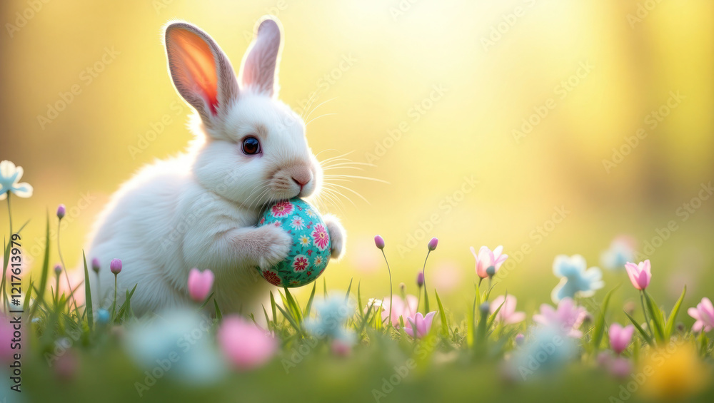 Fototapeta premium Cute Easter bunny holding a decorative egg in a blooming flower field with a warm glow