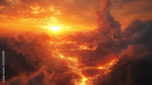 a sunset over a landscape, with fiery lava flowing between mountains and smoky clouds