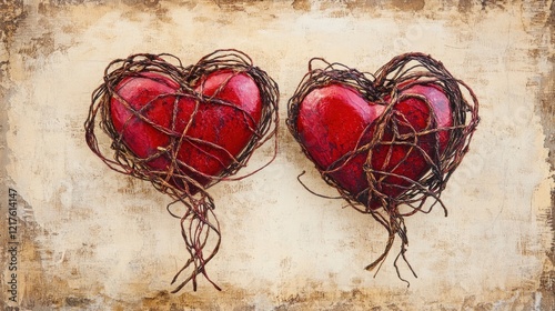 Two intertwined hearts, a symbol of love and connection, captured in a rustic setting.