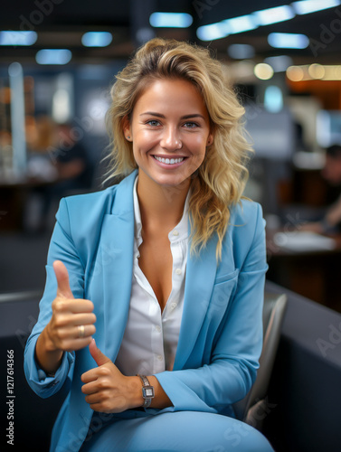 Obraz na płótnie Hübsche blonde Geschäftsfrau im Büro, Daumen hoch, Generative AI w salonie