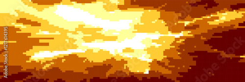 Pixel explosion vector bg. 8bit game background with mosaic pattern. Fireball or bomb boom or supernova burst in the sky. Arcade wallpaper with burning clouds