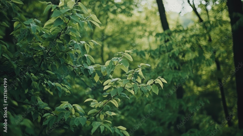 Obraz premium Lush green foliage with blurred forest background and ample copy space for text placement