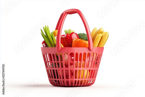Red shopping basket filled with fresh vegetables and fruits on white background. Grocery, food, healthy eating.