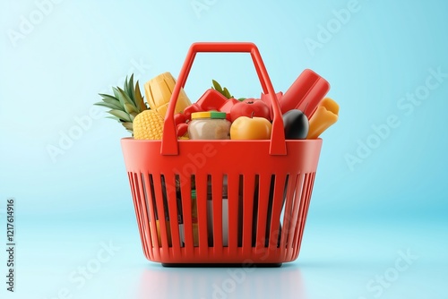Red shopping basket with assorted groceries on blue background. Healthy eating, grocery shopping concept.