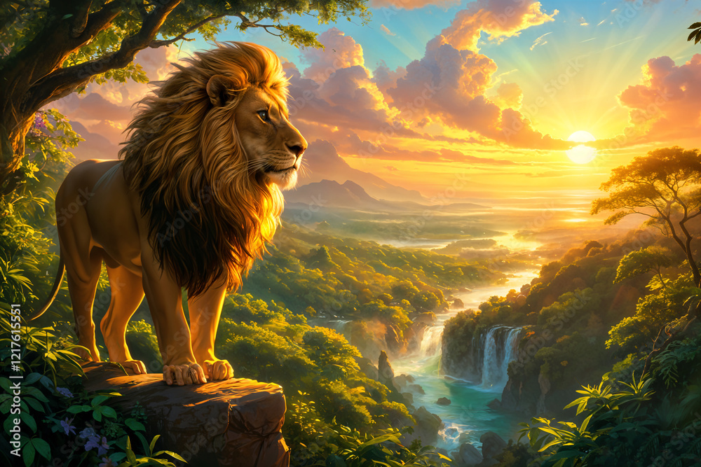 Obraz premium A majestic lion standing on a rocky outcropping, overlooking a lush landscape with a waterfall and a sunset.