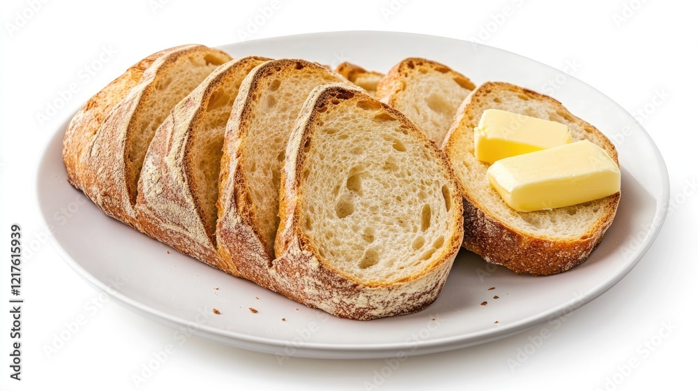 Sliced rustic bread on a white plate with butter squares and copy space for text Sliced rustic bread on a white plate with butter squares and copy space for text
