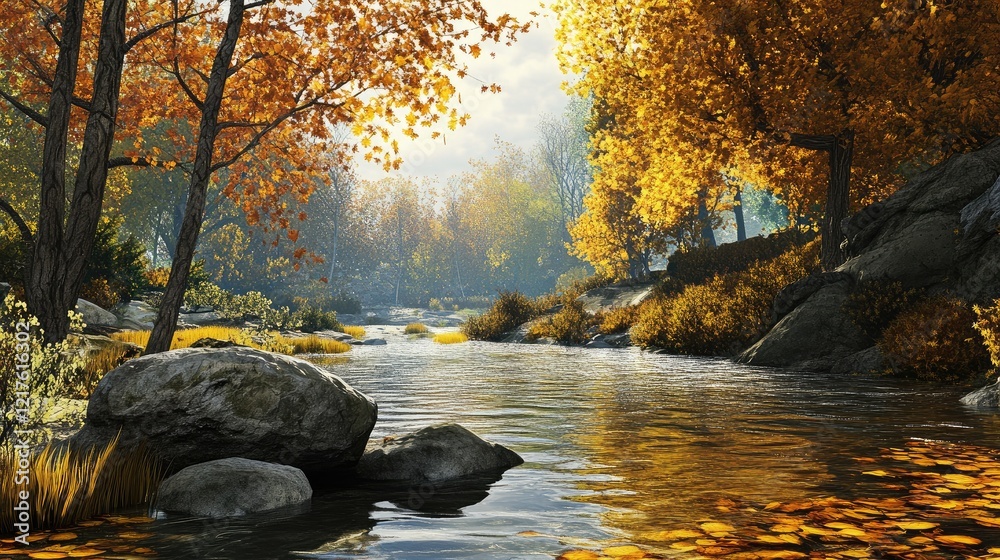 Obraz premium Autumn landscape with a calm river surrounded by colorful trees and rocks in a natural setting Copy Space