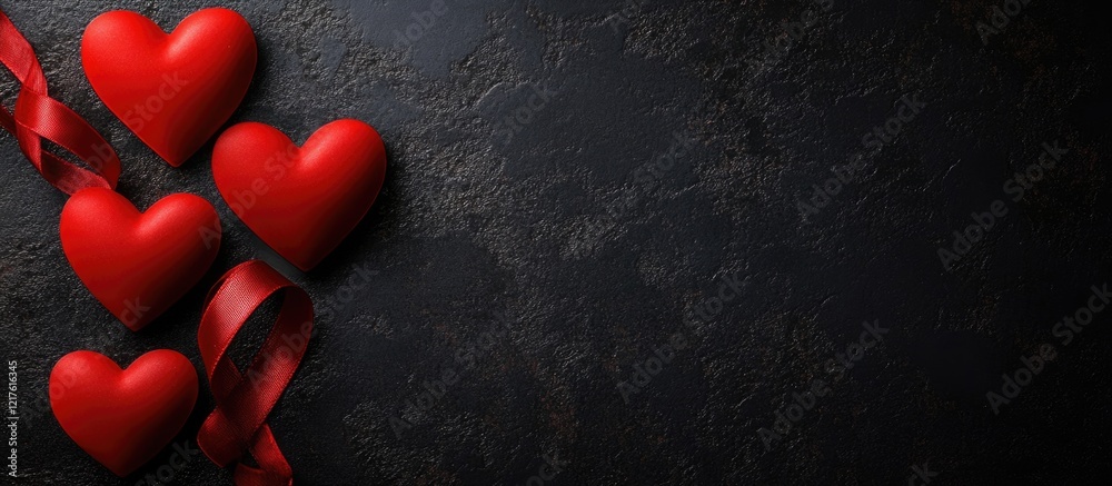 Red hearts and ribbon on dark textured background with ample copy space