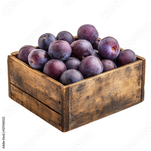 A rustic wooden box filled with fresh plums isolated on a clean transparent background, wooden box of plumsisolated on transparent background photo