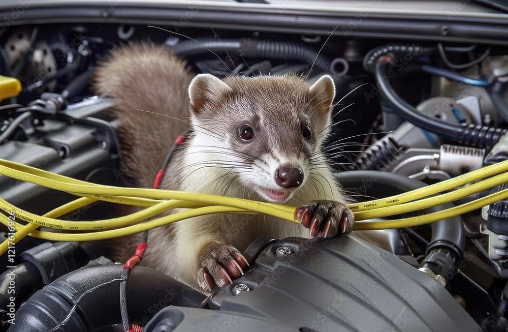 Marder beisst an Kabeln und Schläuchen im Motorraum eines Autos, Generative AI