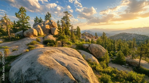 Rocky landscape at sunset with trees and clouds in sky Copy Space photo