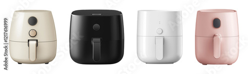 Set of modern air fryers, front view, isolated on transparent background