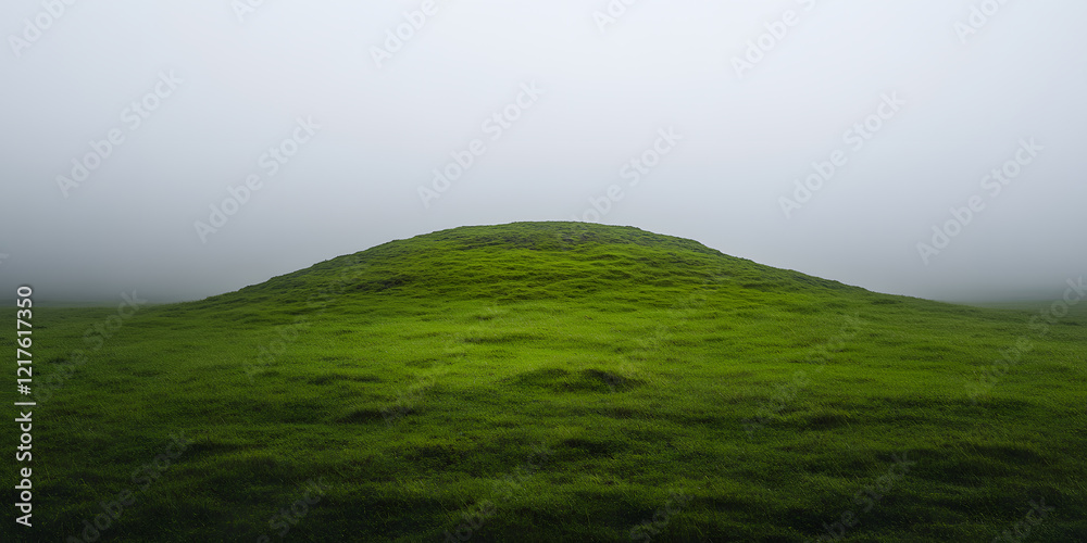 Fototapeta premium Serene grassy hill shrouded in mist. A minimalist landscape photograph showcasing the beauty of a simple, natural scene.