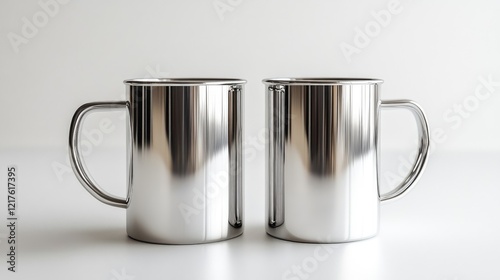 Two shiny stainless steel mugs with handles on a white background with ample copy space. photo