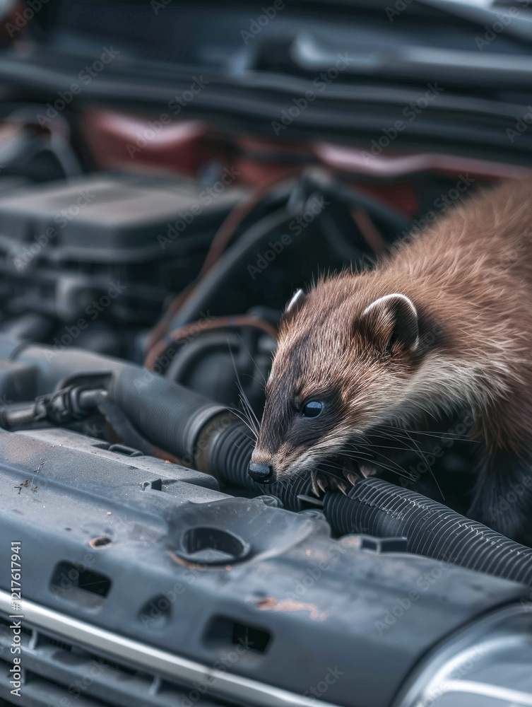 Marder beisst an Kabeln und Schläuchen im Motorraum eines Autos, Generative AI