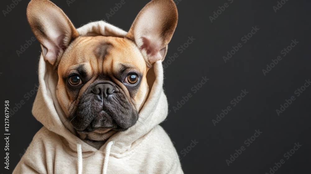 French Bulldog wearing a hoodie with a serious expression against a dark background with Copy Space for text insertion French Bulldog wearing a hoodie with a serious expression against a dark background with Copy Space for text insertion