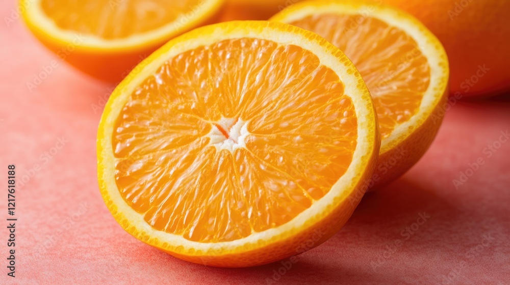 Freshly sliced orange fruit on a pink background with copy space for text Freshly sliced orange fruit on a pink background with copy space for text
