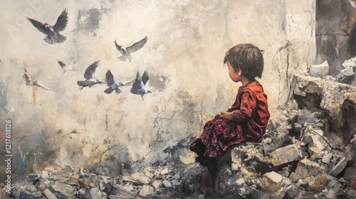 Child Amidst Ruins: A poignant depiction of resilience in the face of devastation, where a young child sits amidst rubble, birds soaring above symbolizing hope amidst destruction. photo