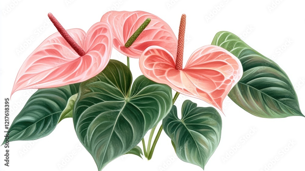 Obraz premium Pink Anthurium Flowers with Green Leaves Isolated on White Background Copy Space