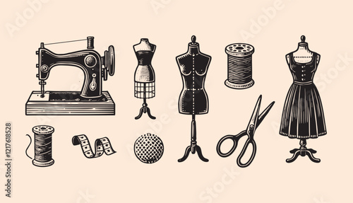 Vintage sewing tools and mannequins in engraving style vector illustration icon set