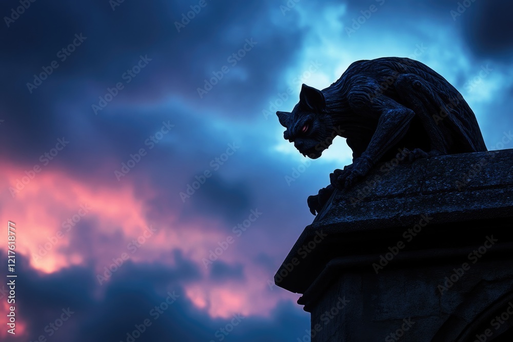 Fototapeta premium A menacing gargoyle statue perched atop a building silhouetted against a dramatic twilight sky.