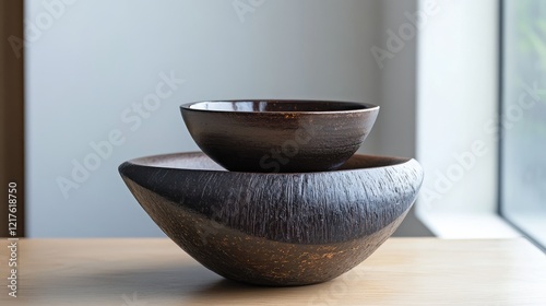 Two wooden bowls stacked on a table with natural light from a nearby window Copy Space